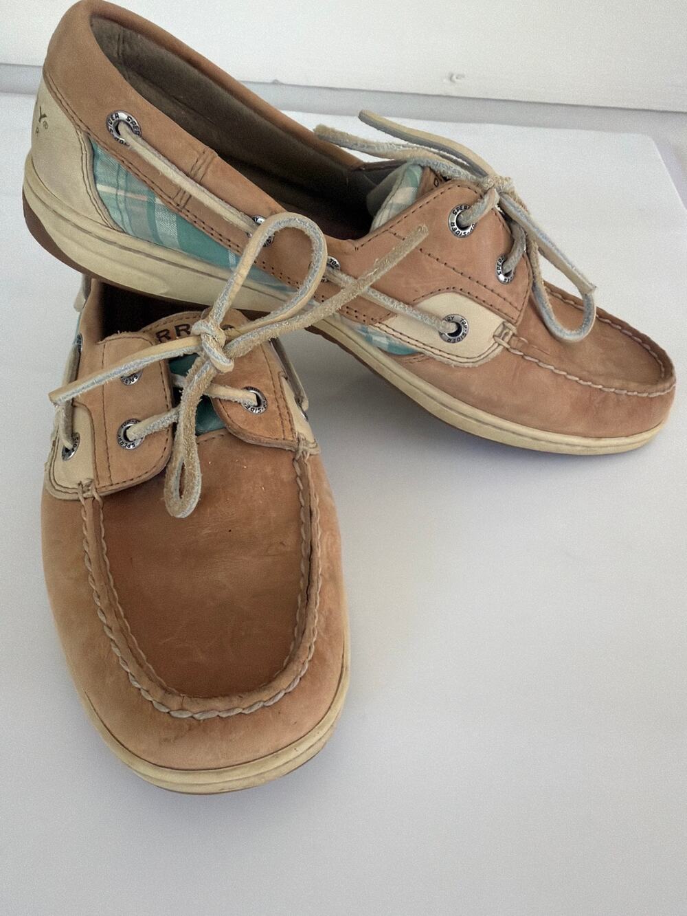Sperry Top-Sider Boat Deck Shoes 8.5 Tan Leather Sage Aqua Plaid Preppy Coastal